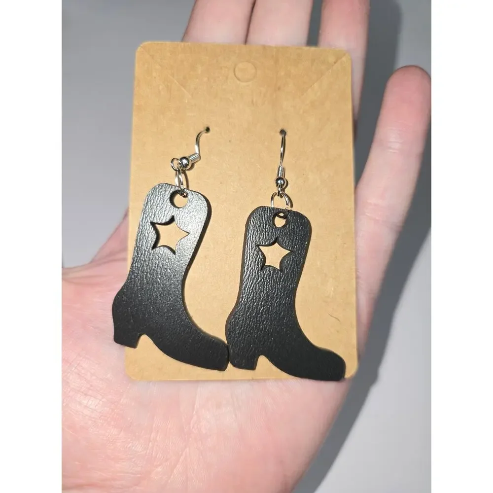 Cowgirl boots earrings black wooden laser cut hook earrings - Picture 3 of 4